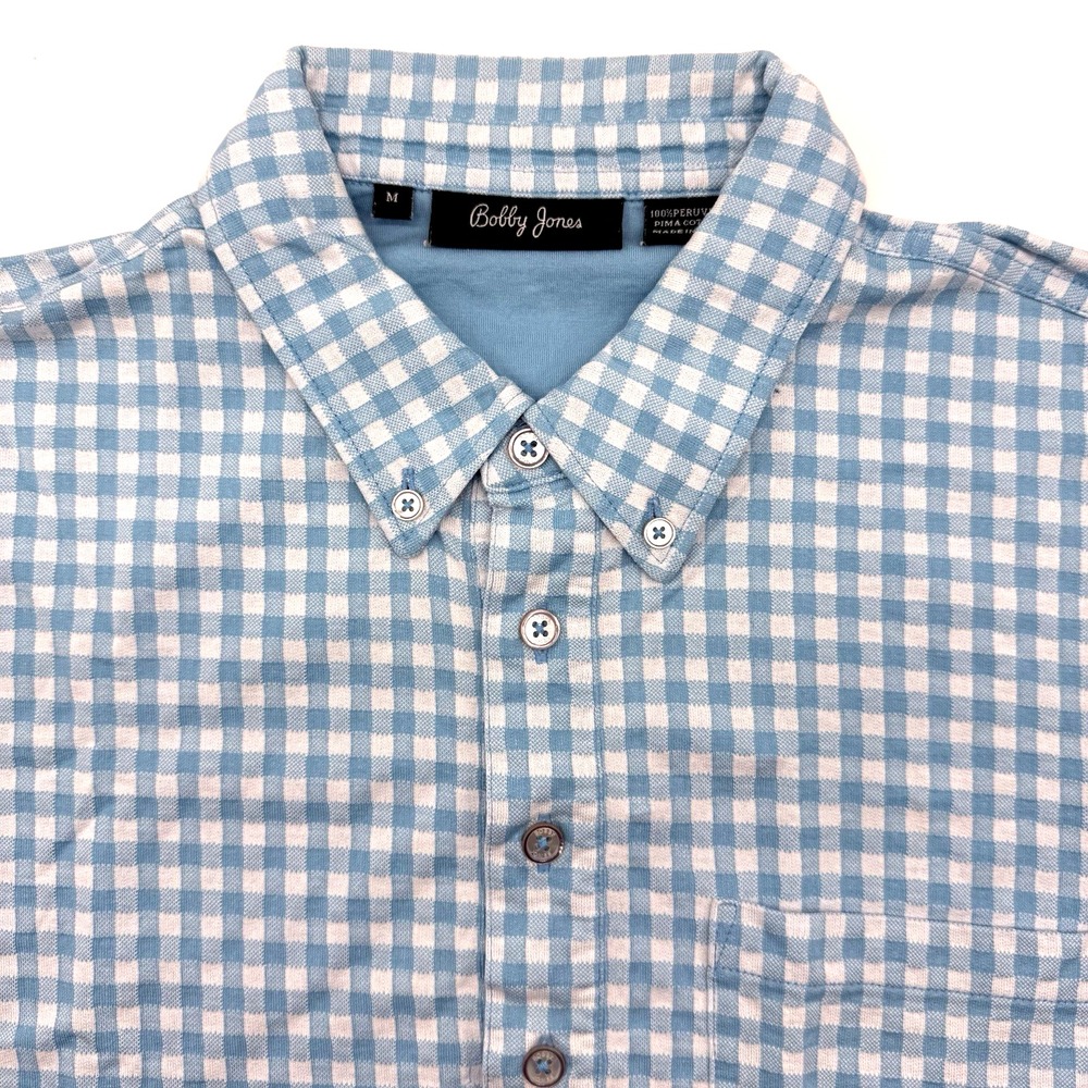 Bobby Jones Button Down Shirt Men M Blue Gingham Pima Cotton Short Sleeve Golf‎